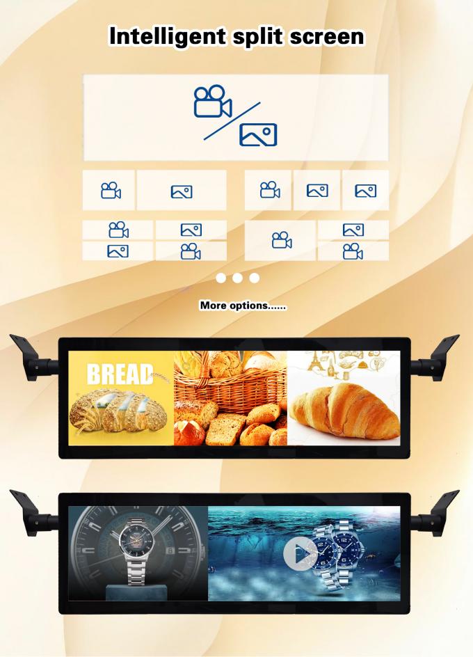 Monitor LCD digital con wifi para autobús, montaje en techo, barra estirada de 29 pulgadas, señalización digital Android, red inalámbrica, con opción 4G 4