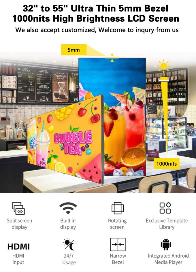 Video Wall LCD de bucle wifi Super Slim de 32~55 pulgadas 1000nit para centros comerciales, señalización digital de señalización de ruta 0