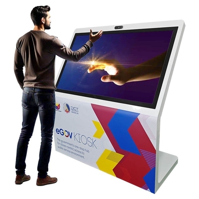Display táctil vertical tipo L con cámara y micrófono para conferencias y eventos