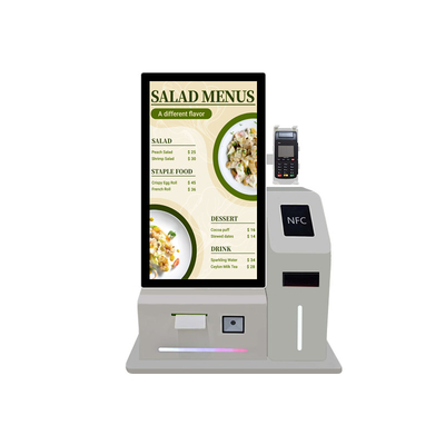 Quiosco de pantalla táctil LCD de 24 pulgadas para escritorio con WIFI, pago en línea con efectivo/NFC, pantalla capacitiva multitáctil con impresora, soporte POS para restaurantes KFC MacDonalds, reproductor de alta calidad