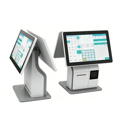 15.6 pulgadas de escritorio de un solo lado doble de autoservicio cajero quiosco con escáner de código de barras QR 80mm impresora térmica NFC