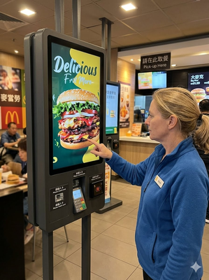 Quiosco de autoservicio de pago automático sin efectivo de 32 pulgadas ∙ Terminal de pedidos de comida rápida y QSR para tiendas de hamburguesas y pollo frito